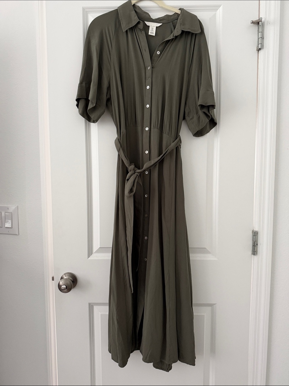H&M Olive Green Button-Front Maxi Dress with Tie Waist